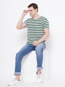 JUMP USA Men Green Striped V-neck Tshirt - JUMP USA