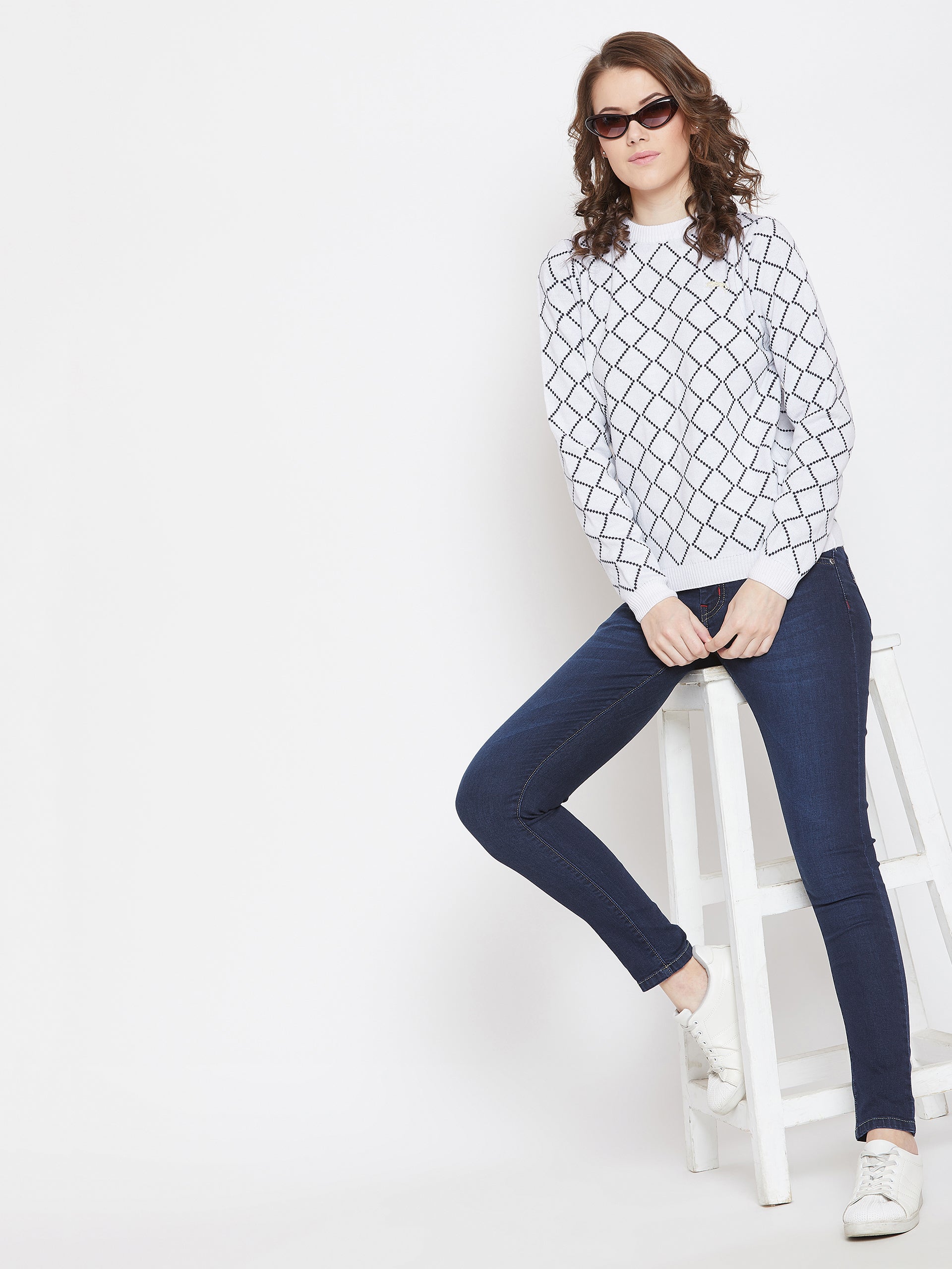 JUMP USA Women White & Navy Blue Acrylic Checked Sweater - JUMP USA