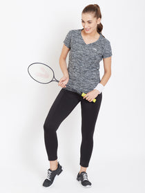 Women Black Solid Active Wear V Neck T-shirt - JUMP USA