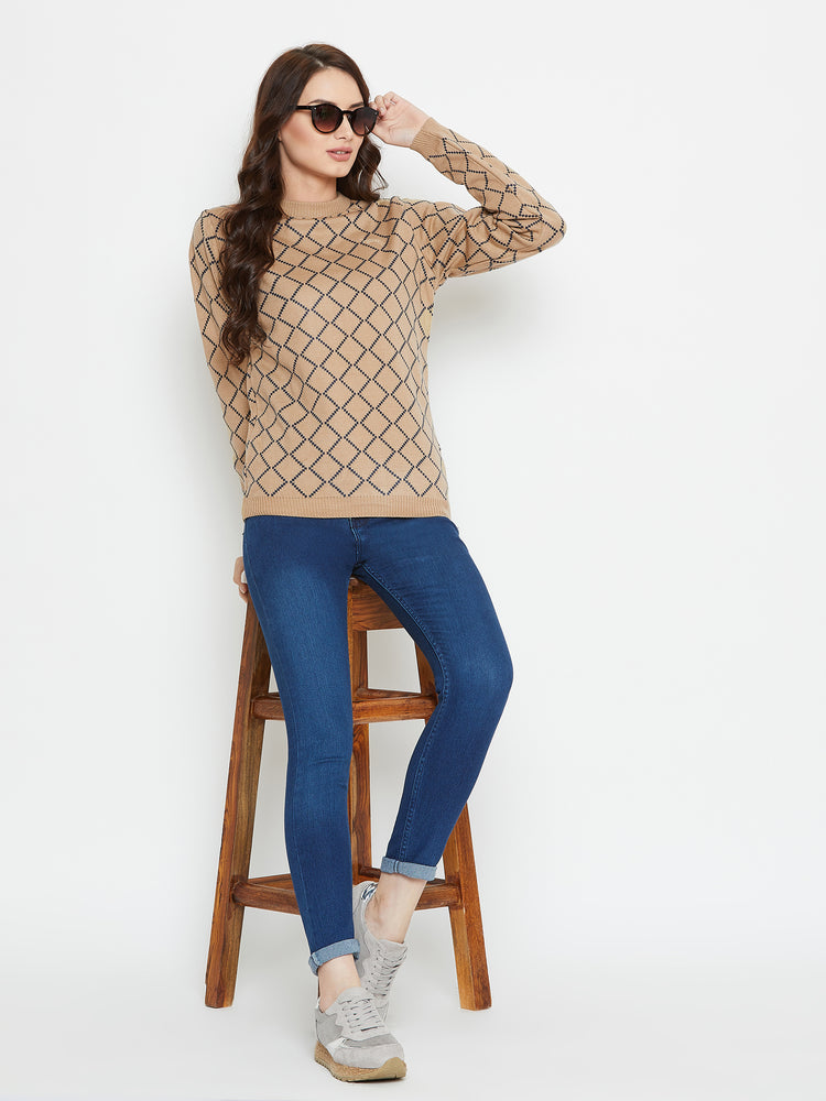 Women Safari & Navy Blue Acrylic Checked Sweater - JUMP USA