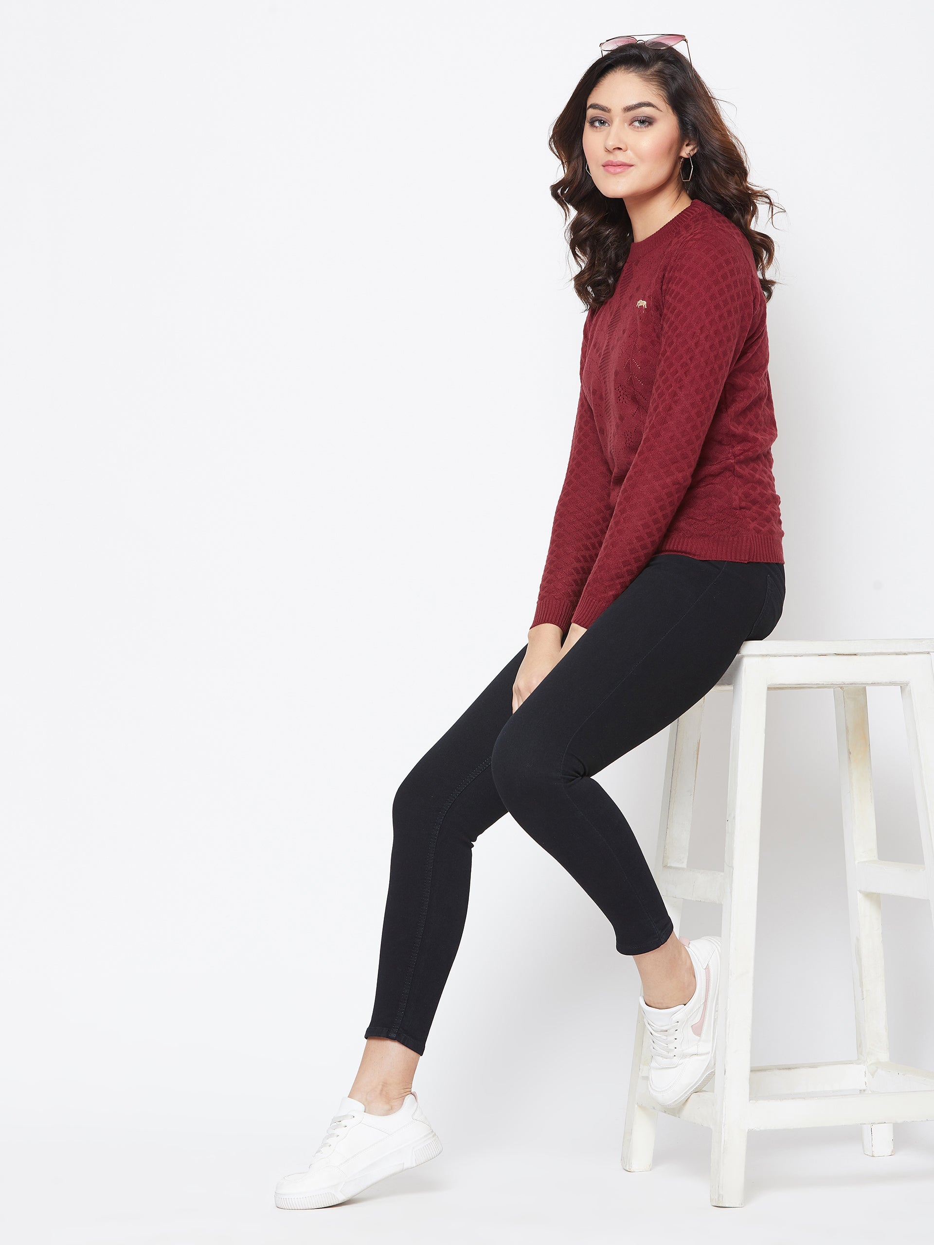 JUMP USA Women Red Self Design Sweater - JUMP USA