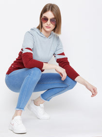 JUMP USA Women Blue & Red Colourblocked Hooded Sweater - JUMP USA