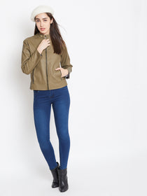 JUMP USA Women Khaki Solid Biker Jacket - JUMP USA