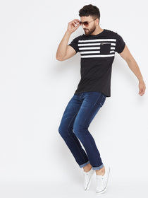 Men Black Striped Round Neck T-shirt - JUMP USA