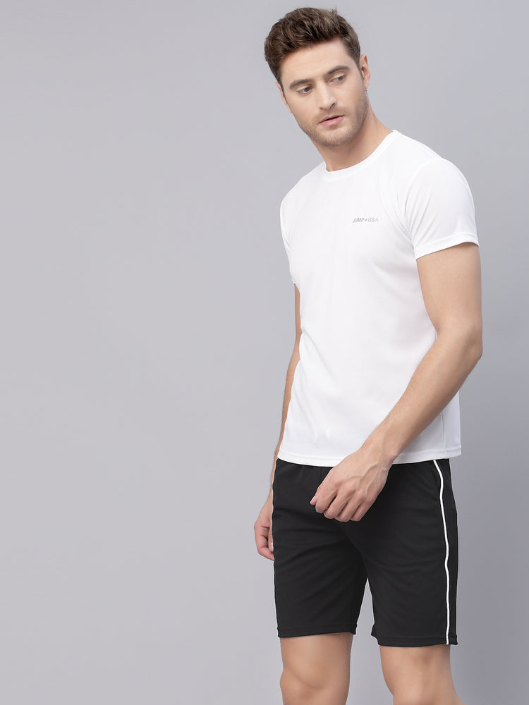 JUMP USA Men White Black Rapid Dry Solid T Shirt With Shorts