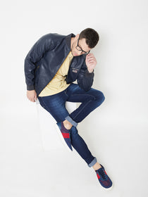 JUMP USA Navy Solid Casual PU Leather Varsity Jacket - JUMP USA
