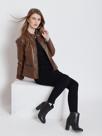 Women Casual Tan Leather Jacket - JUMP USA