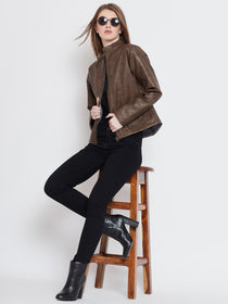 Women Casual Brown Leather Jacket - JUMP USA