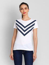 JUMP USA Women White & Navy Blue Solid T-Shirts - JUMP USA