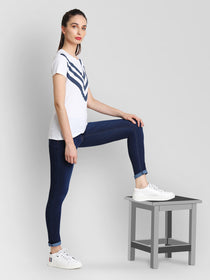 JUMP USA Women White & Navy Blue Solid T-Shirts - JUMP USA