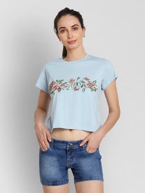 JUMP USA Women Blue Self Design Crop Top - JUMP USA