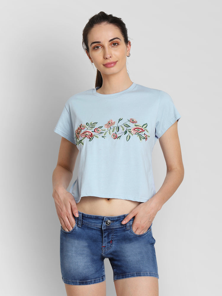 JUMP USA Women Blue Self Design Crop Top - JUMP USA