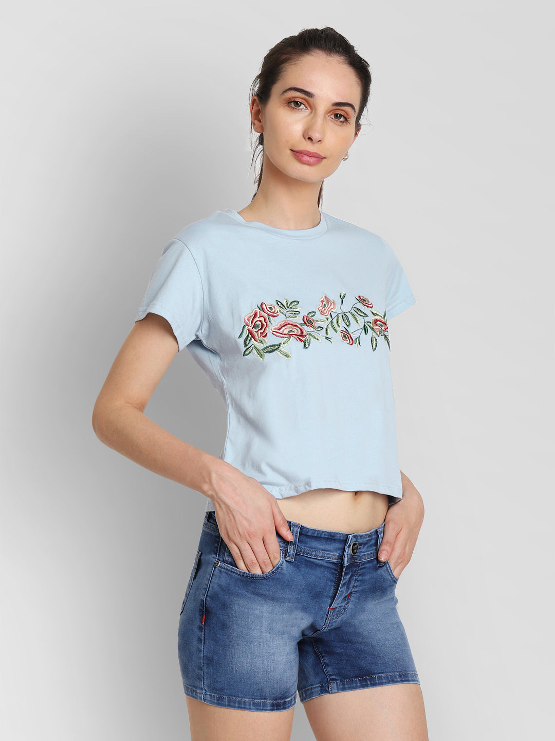 JUMP USA Women Blue Self Design Crop Top - JUMP USA