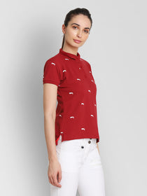 JUMP USA Women Red & White Printed Polo Collar T-Shirt - JUMP USA