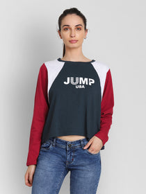 JUMP USA Women Navy Blue Self Design Crop Top - JUMP USA