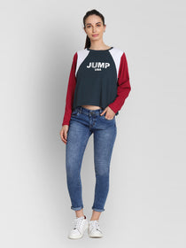 JUMP USA Women Navy Blue Self Design Crop Top - JUMP USA