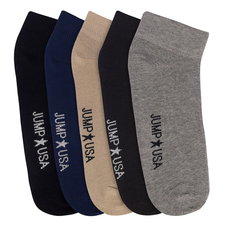 JUMP USA Men's Cotton Ankle Length Casual Socks Padded for Extra Comfort (Beige/Black/Grey, Free Size) Pack of 5