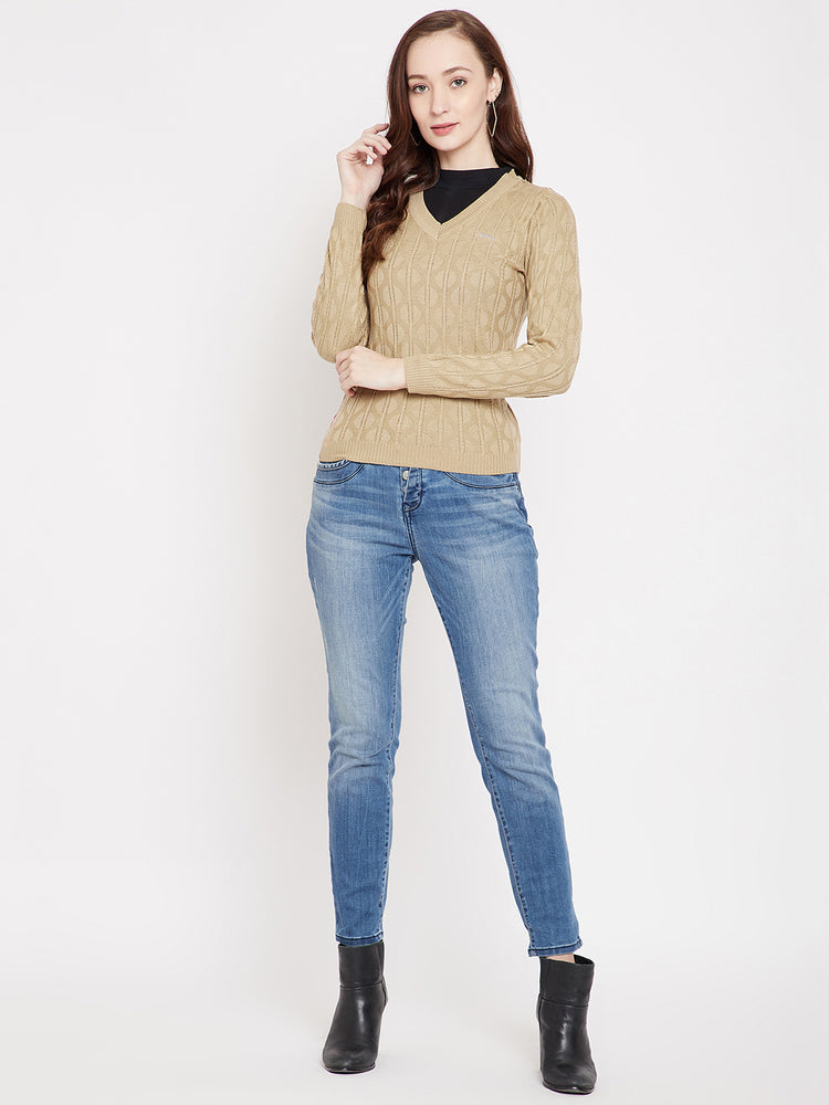 JUMP USA Women Beige Self Design Pullover Sweater