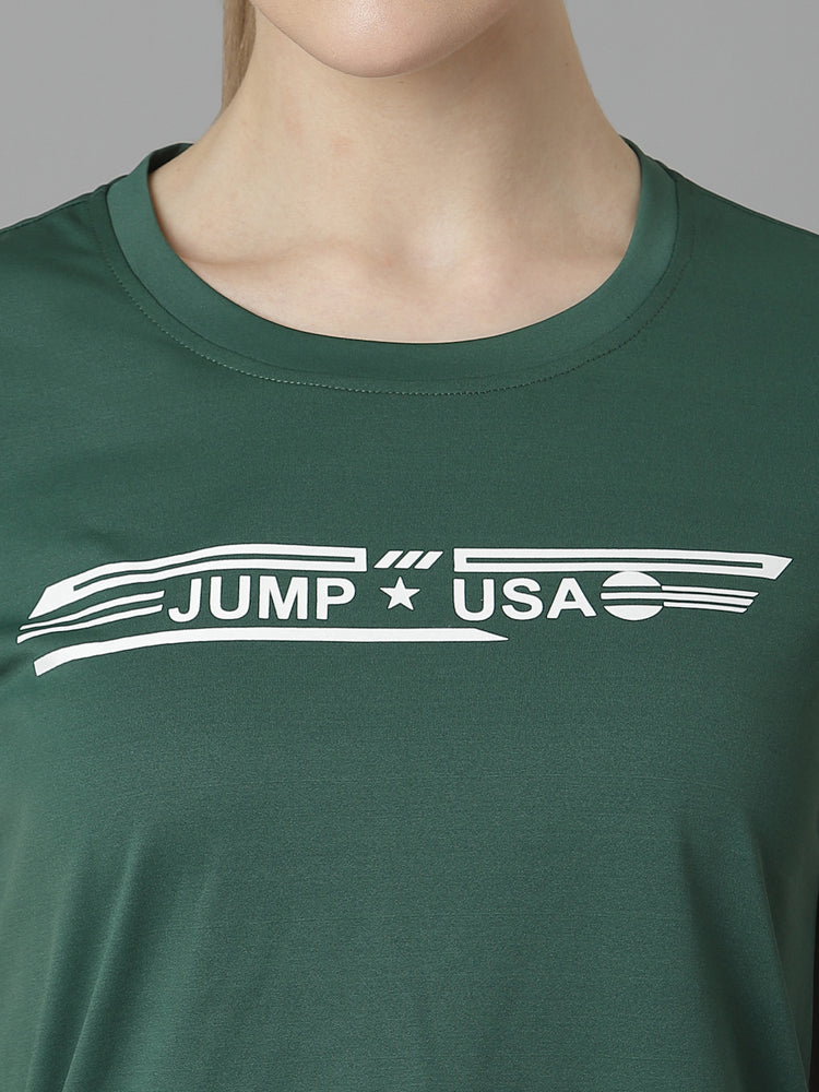 JUMP USA Women Green Typography Printed Polyester T-shirt